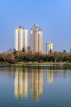 高层住宅建筑倒影