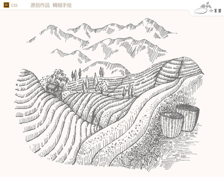 手繪茶園農場矢量圖