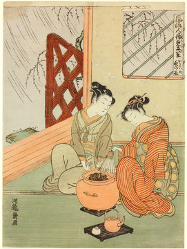 礒田湖龍齋年輕人和女孩在一個(gè)房間里喝茶