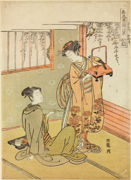 礒田湖龍齋有煙桿的年輕人和婦女