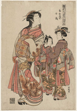 礒田湖龍齋婦女和兩個小孩