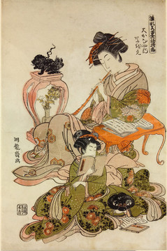 礒田湖龙斋一个吹笛子的女人和两个看书女人