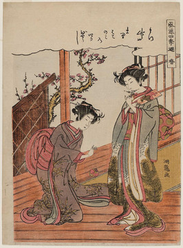 礒田湖龍齋穿和服的貴婦與女仆