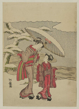 礒田湖龙斋女孩和一个女佣在伞下的雪中行走