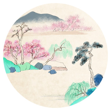 青綠重彩春天桃花山水手繪中國畫