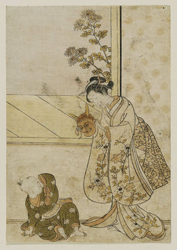 鈴木春信一個(gè)戴著惡魔面具的女人取笑孩子