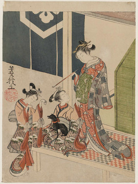 鈴木春信妓女和兩個女仆和狗一起玩