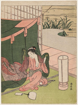 鈴木春信一名年輕女子舉起蚊帳的棚頂