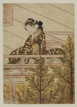 铃木春信年轻女子坐在寺庙的阳台上