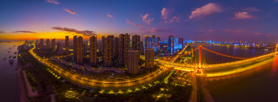 武汉夏日城市航拍傍晚和夜景风光