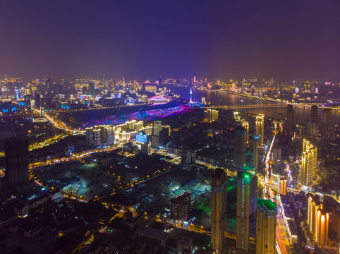 武汉夏日城市航拍傍晚和夜景风光