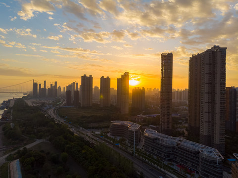 武汉夏日城市航拍傍晚和夜景风光