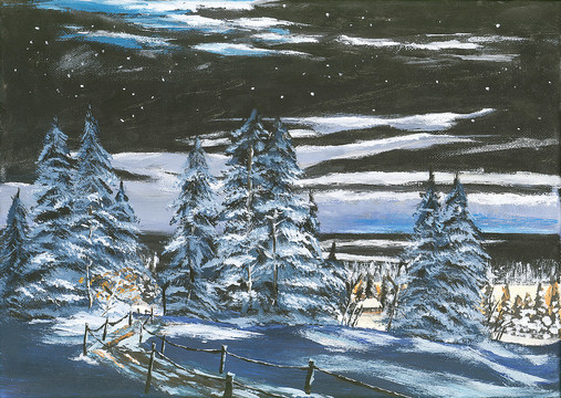 寧靜的雪夜風景油畫