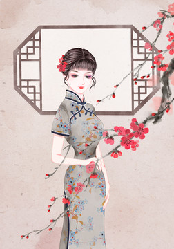 旗袍美女賞梅花