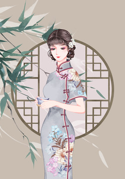 旗袍美女品茶