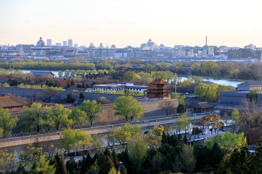 景山俯瞰故宫角楼城市建筑群