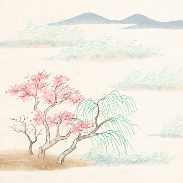 青绿重彩山水装饰桃花垂柳中国画