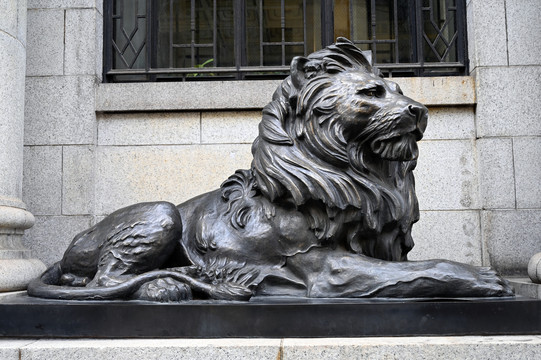 银行门前的雄狮雕塑