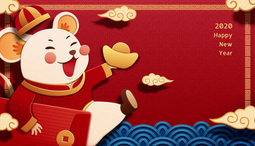 鼠年白鼠拿紅包及金元寶剪紙風(fēng)設(shè)計(jì)