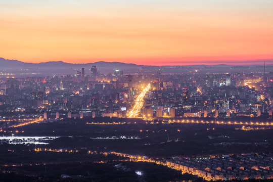 西山远眺北京城西城区晨景