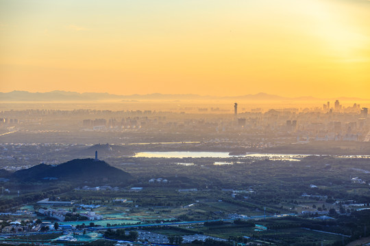 西山远眺北京玉峰塔奥林匹克晨景