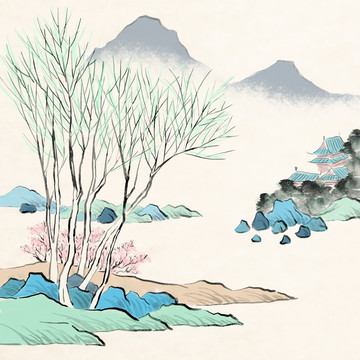 青绿重彩山水柳树桃花手绘中国画