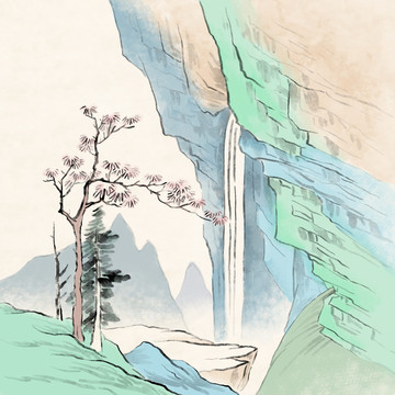 青绿重彩瀑布山水装饰手绘中国画