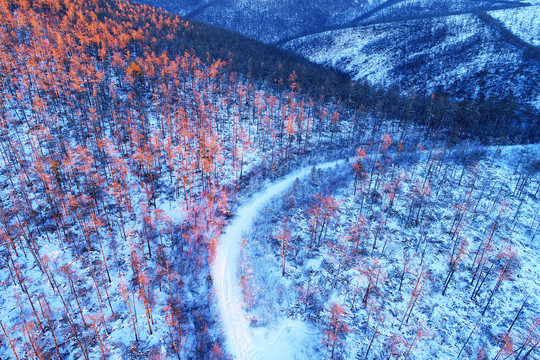 大兴安岭林海雪原山路夕照