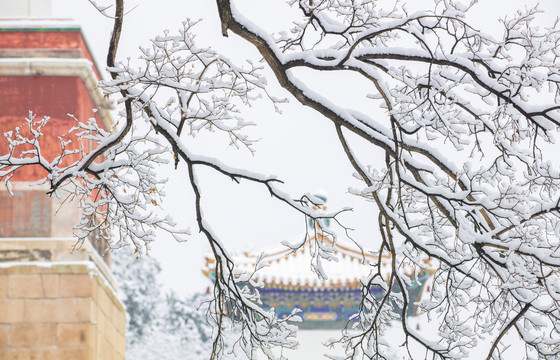 北京颐和园四大部洲景区冬日雪景