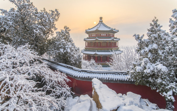 北京颐和园万寿山佛香阁雪景