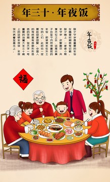 大年三十年夜飯年俗人物插畫