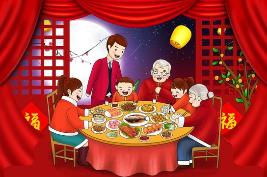 团圆饭年夜饭年俗人物插画