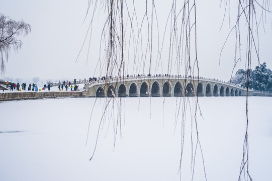 北京颐和园昆明湖十七孔桥雪景