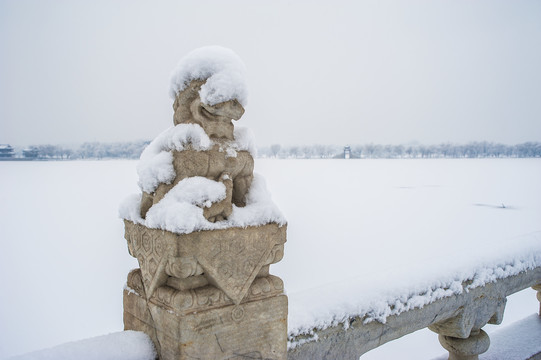 北京颐和园十七孔桥石狮子雪景