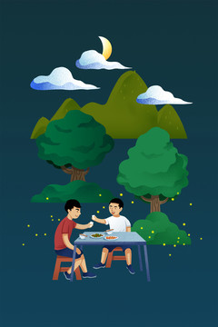 朋友夏季夜晚喝酒插畫