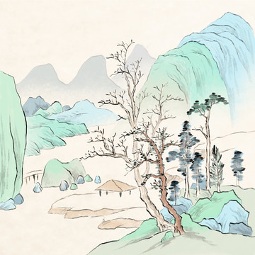 青绿重彩山水装饰无框手绘中国画