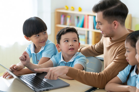 老师在课堂上辅导小学生用电脑