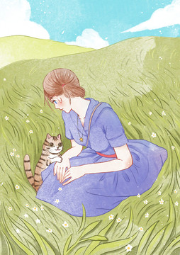 淡彩春天女孩与猫插画