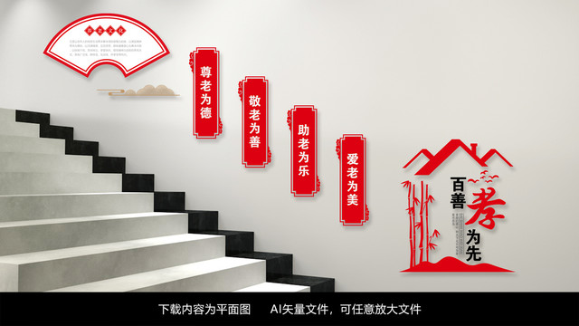 中国风百善孝为先社区楼梯墙