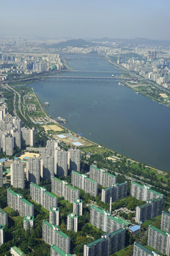俯拍韩国首尔汉江及城市风光