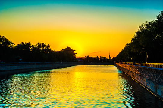 夕阳下的北京故宫筒子河