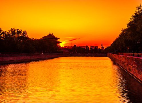 夕阳下的北京故宫筒子河