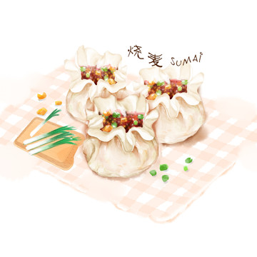 手繪中式傳統(tǒng)美食燒麥