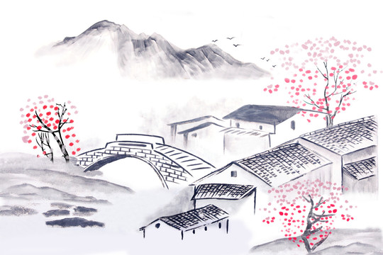 粉色桃花水墨畫