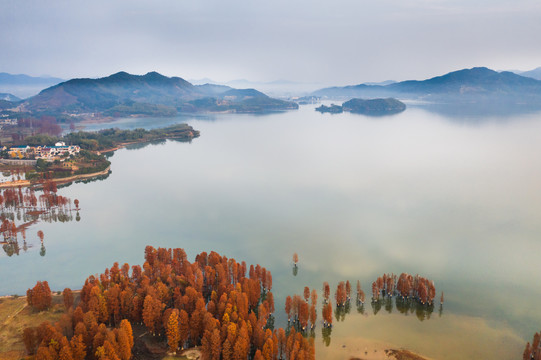 航拍四明湖风光