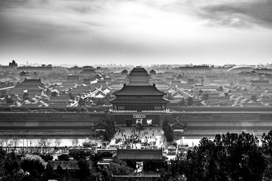 北京故宫全景古建筑黑白风光图