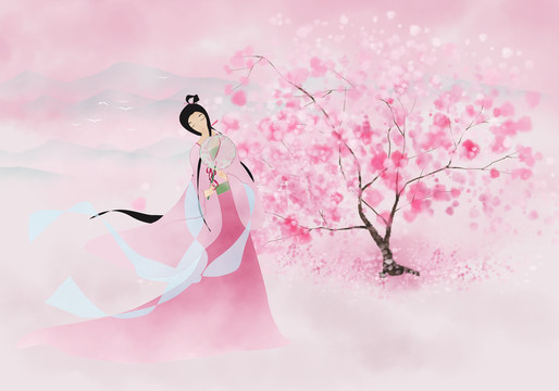 古風(fēng)山水畫桃花美人