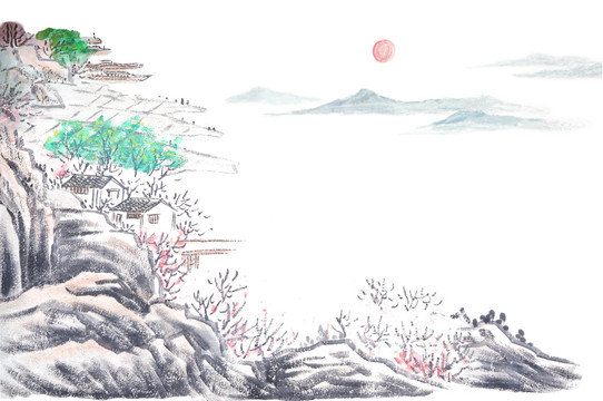 桃花江南水墨画