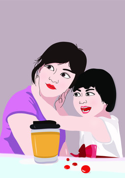 媽媽和孩子喝奶茶