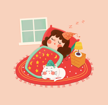 小女孩與貓睡覺卡通